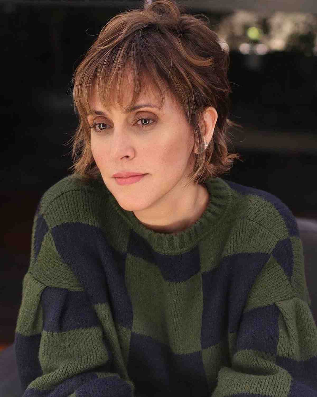 shaggy mullet with choppy fringe for ladies 40 and up