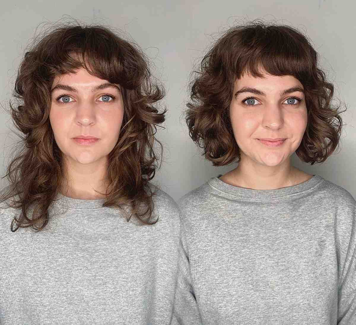 shaggy textured bob with micro bangs and big waves