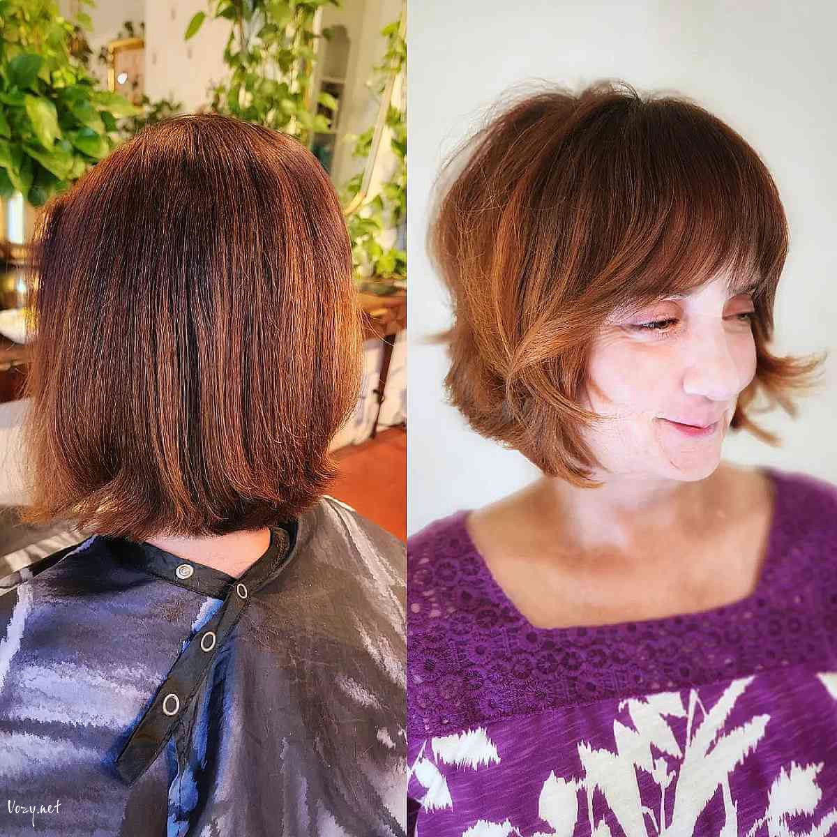 short auburn bob with short layers and bangs for 50 year olds