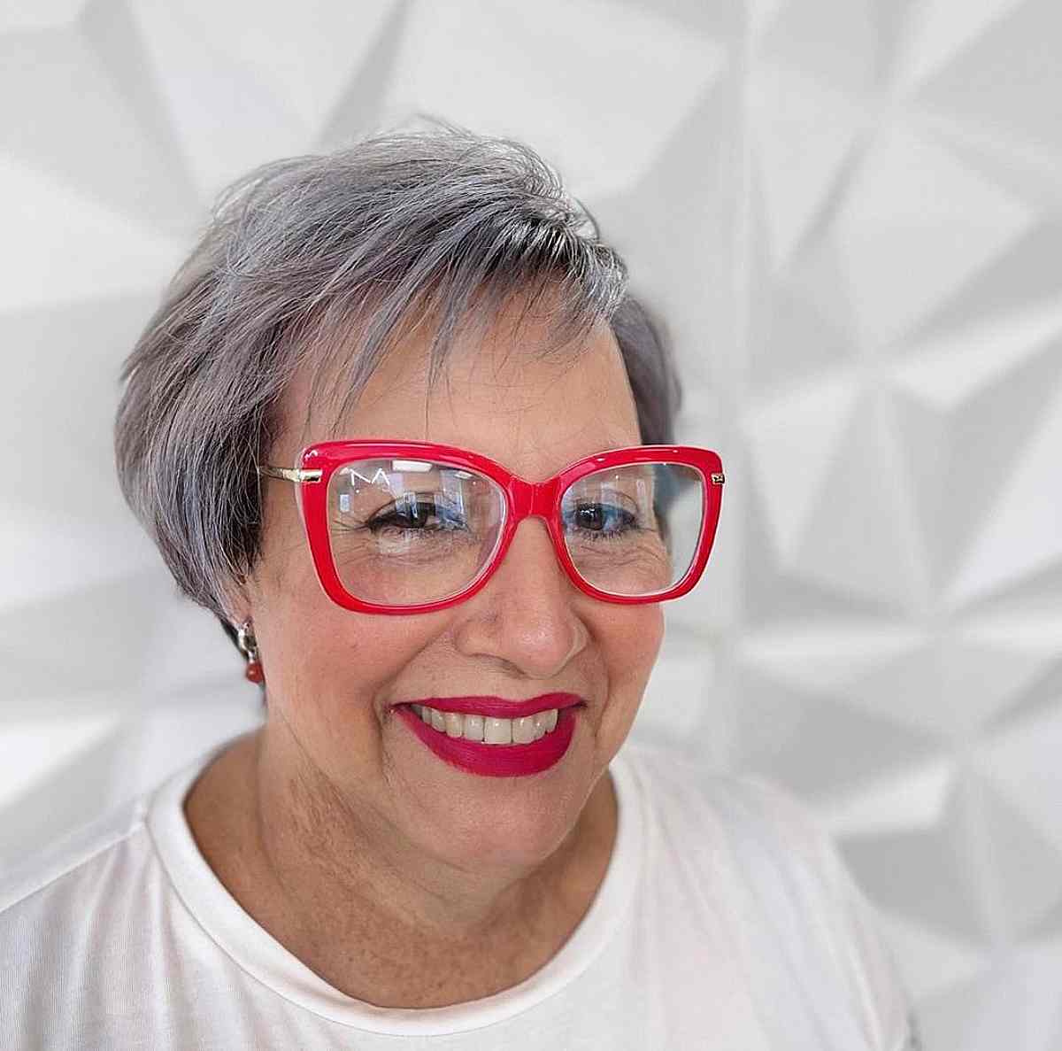 short bixie cut for older women over 50 with glasses