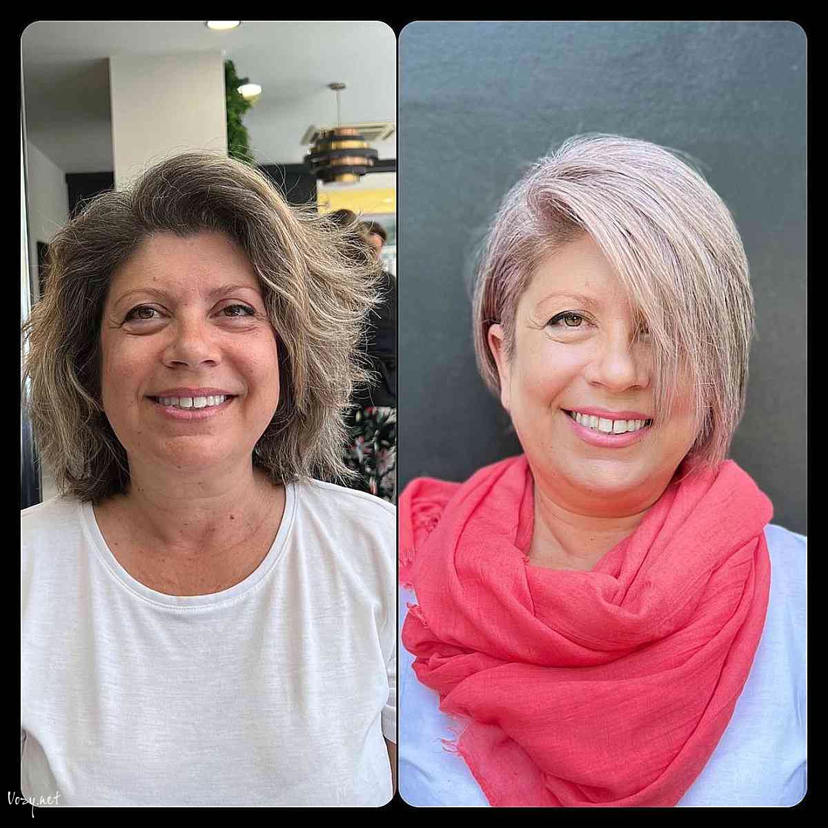 short cut with full side bangs for women over 50 with round faces