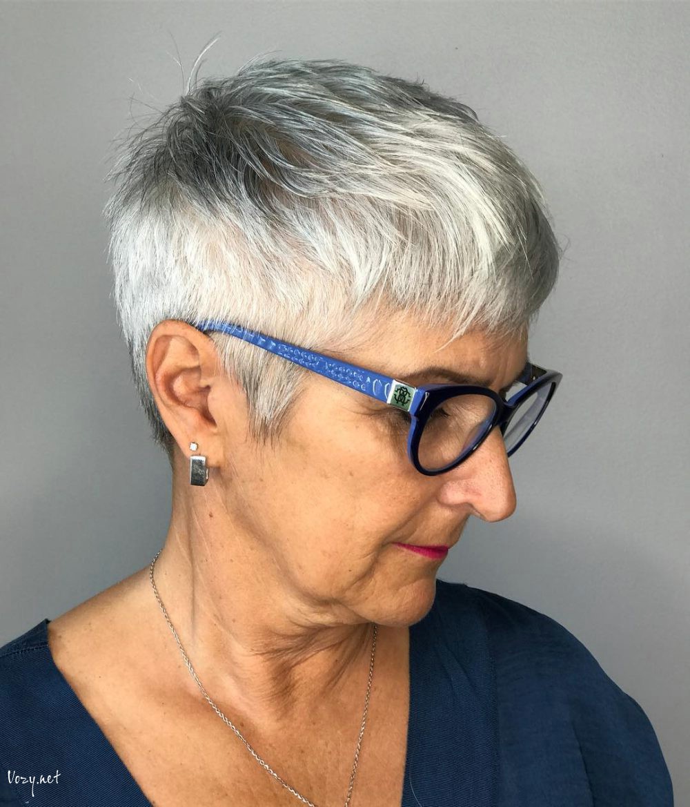 short haircut for 50 year old woman with glasses