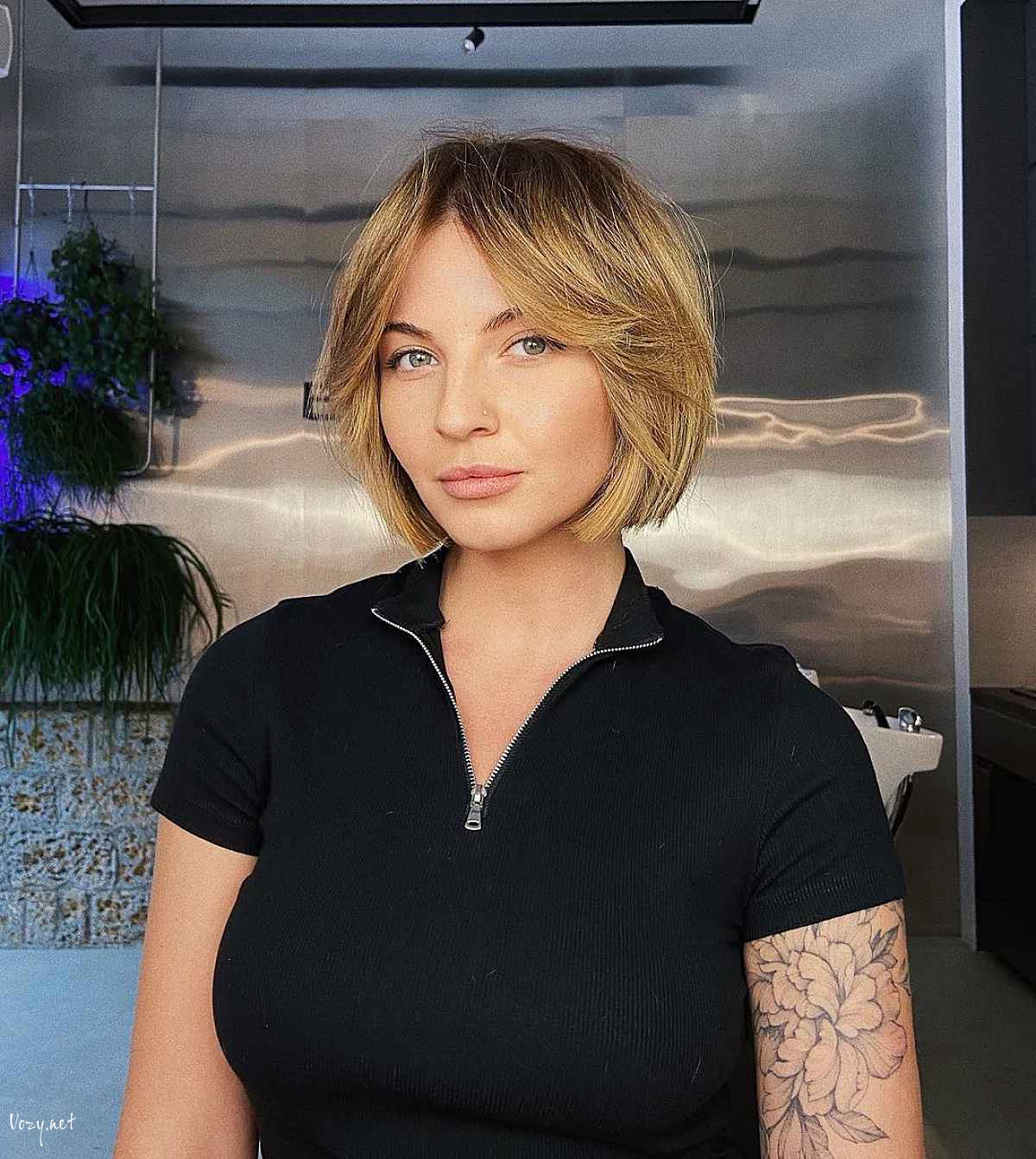 short haircut with long curtain bangs