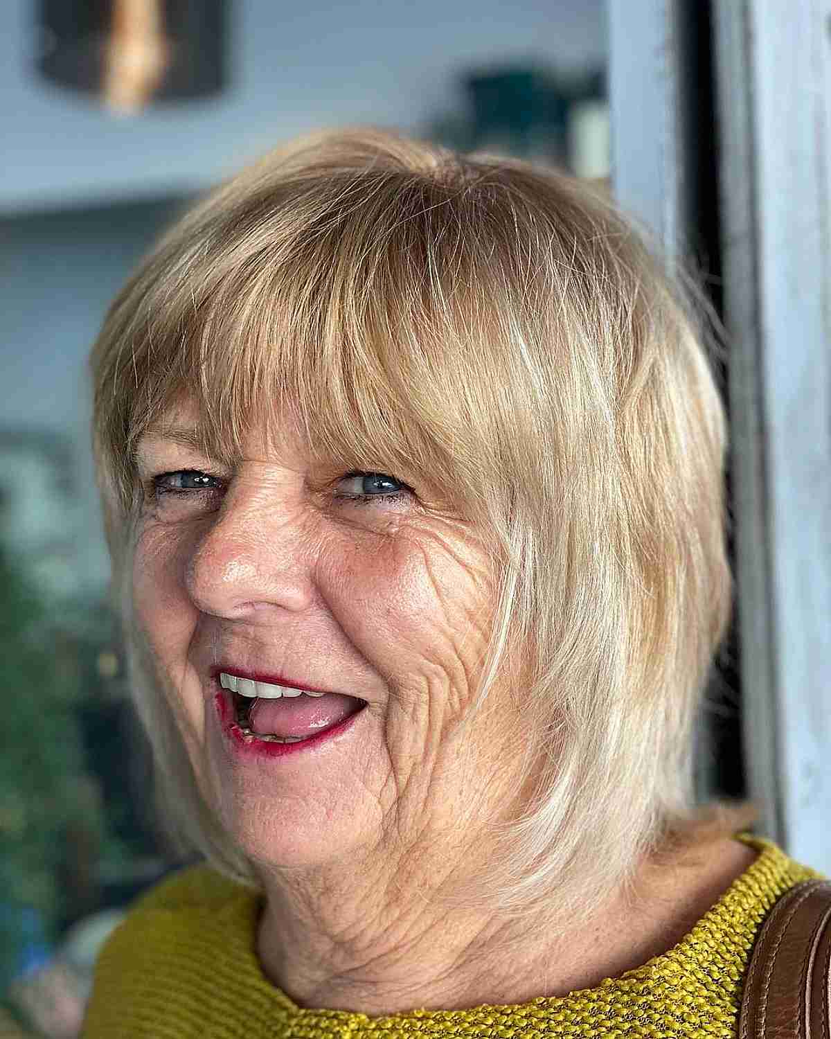 short shag with textured bangs for ladies past 70 with fine hair