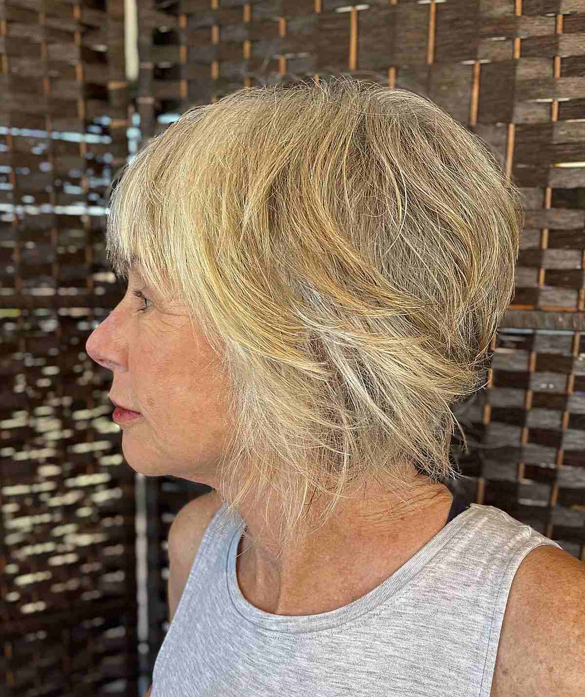 short stacked bob with shaggy layers for 70 year old women