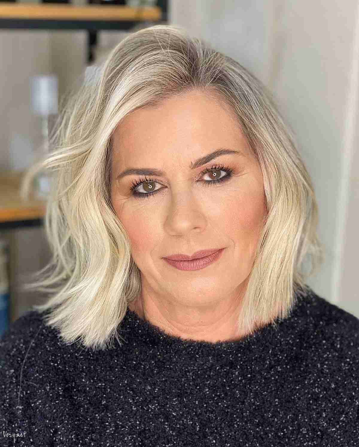 short to medium haircut with a deep side part for ladies over fifty