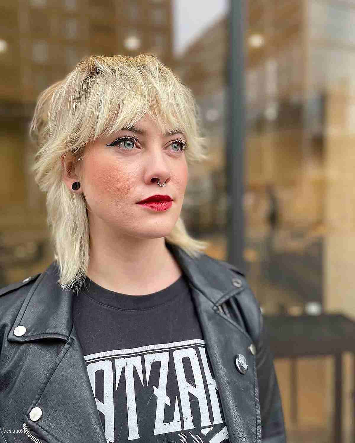 shoulder length wolf cut with choppy layers and bangs