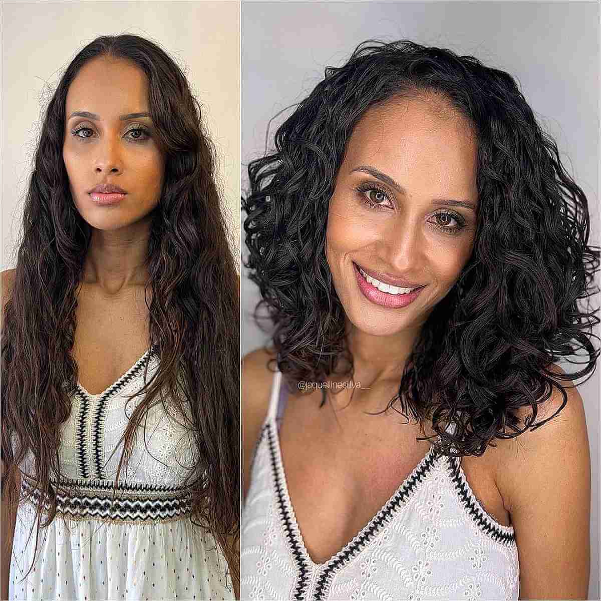 side parted naturally mid length curly hair