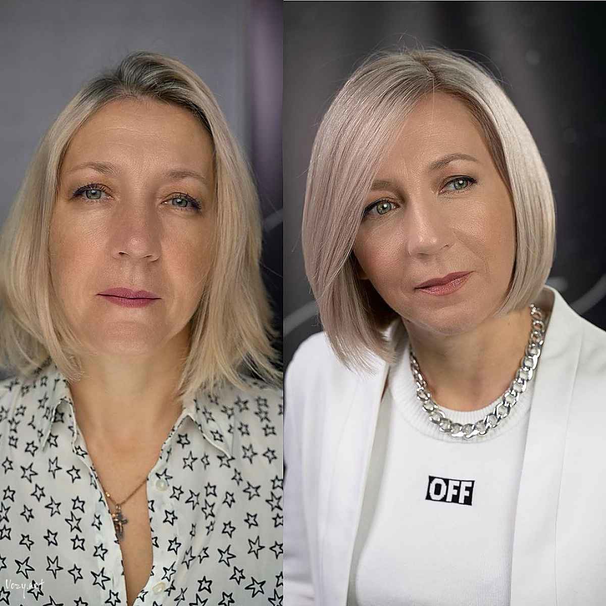 silver chin length graduated bob hairstyle for women past 50