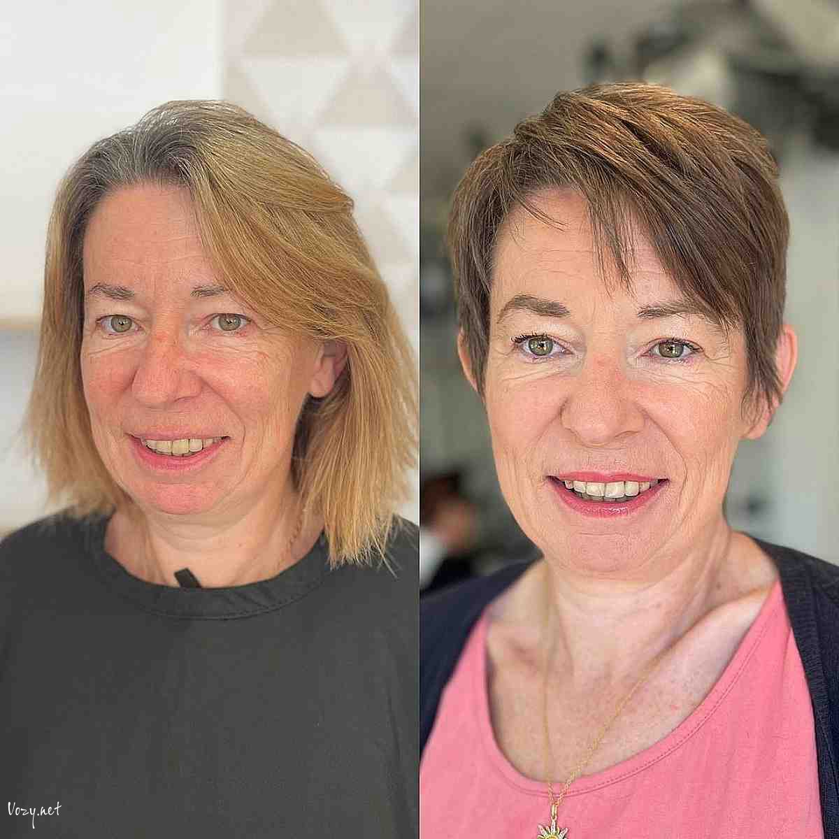 soft choppy pixie on brown hair for a 50 year old lady