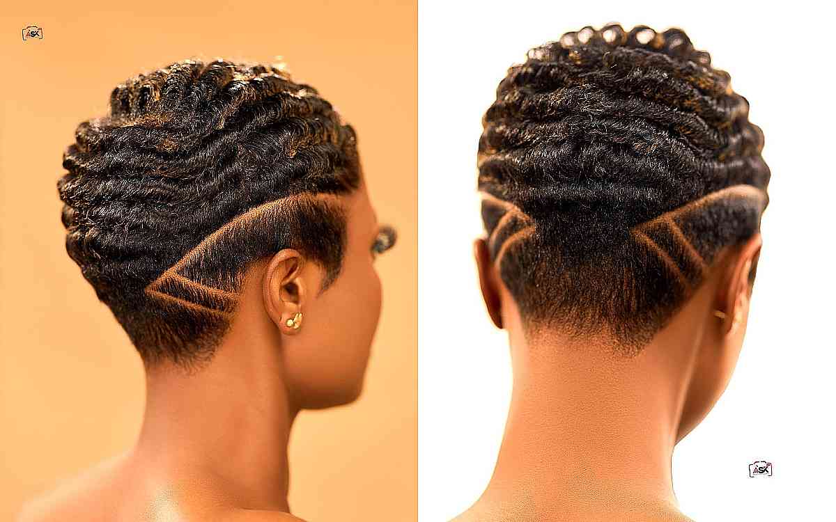 soft curly pixie with shaved designs for black women