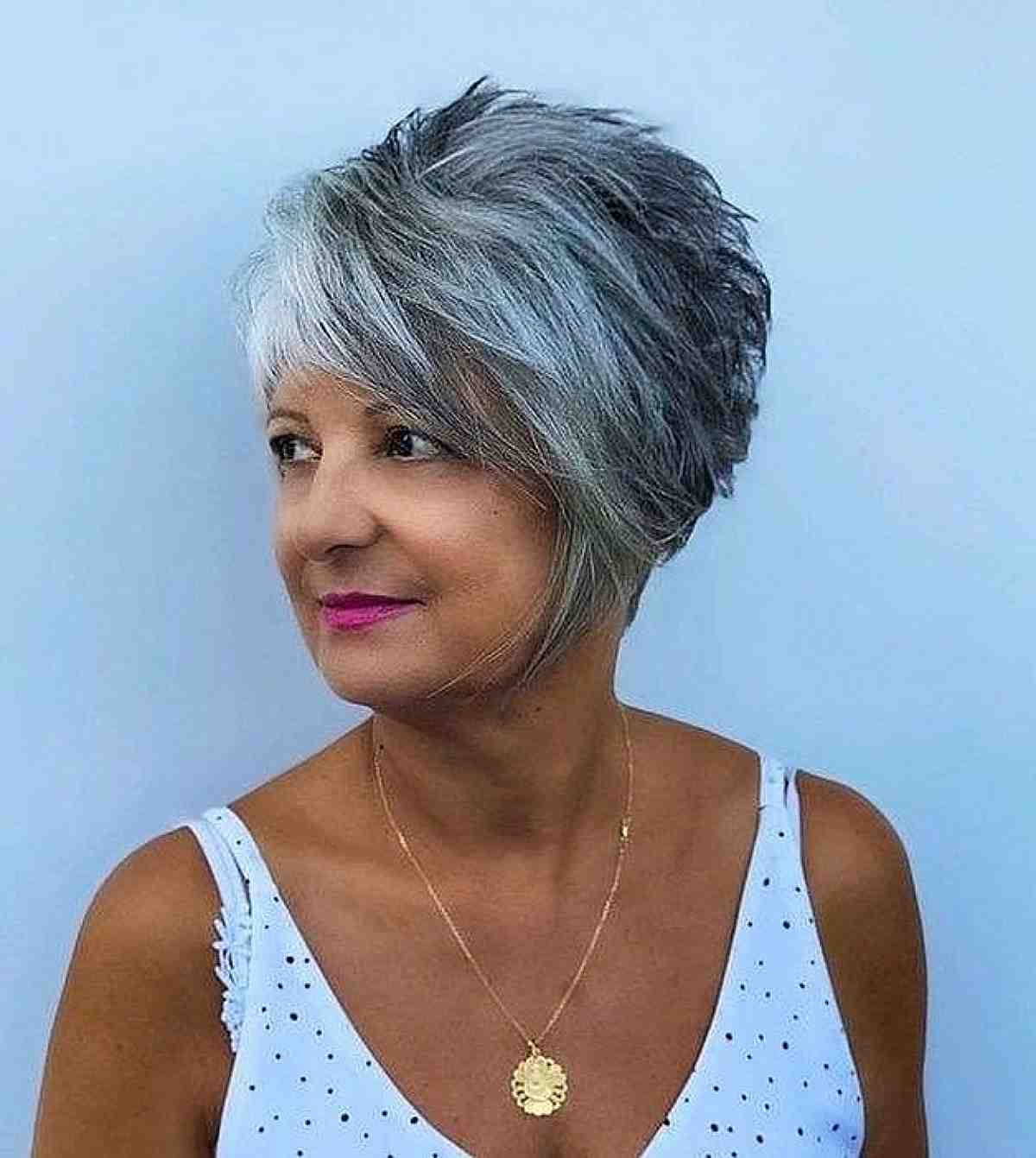 spiky a line bixie with a fringe for a woman in her 50s