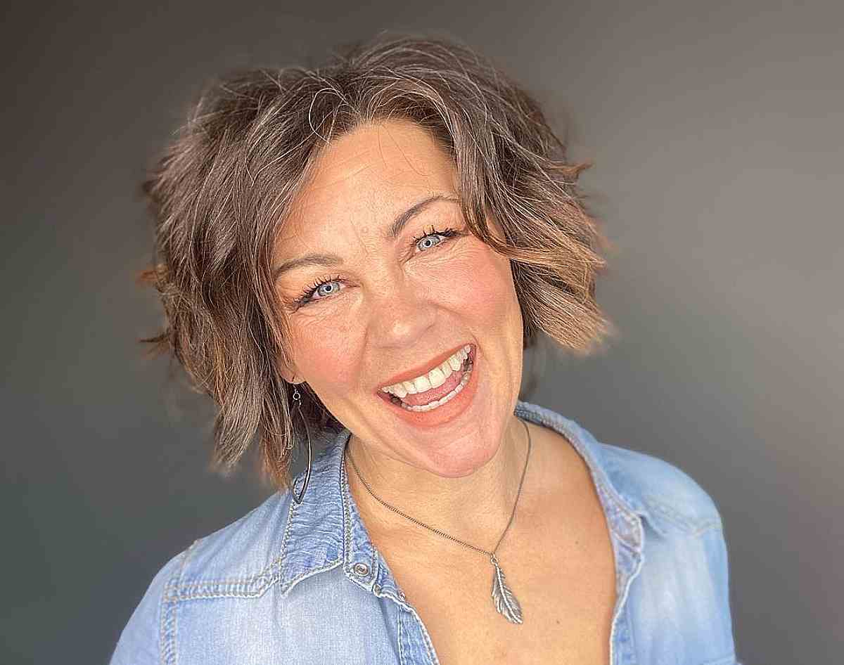 textured choppy bob on older women in their 50s with fine hair