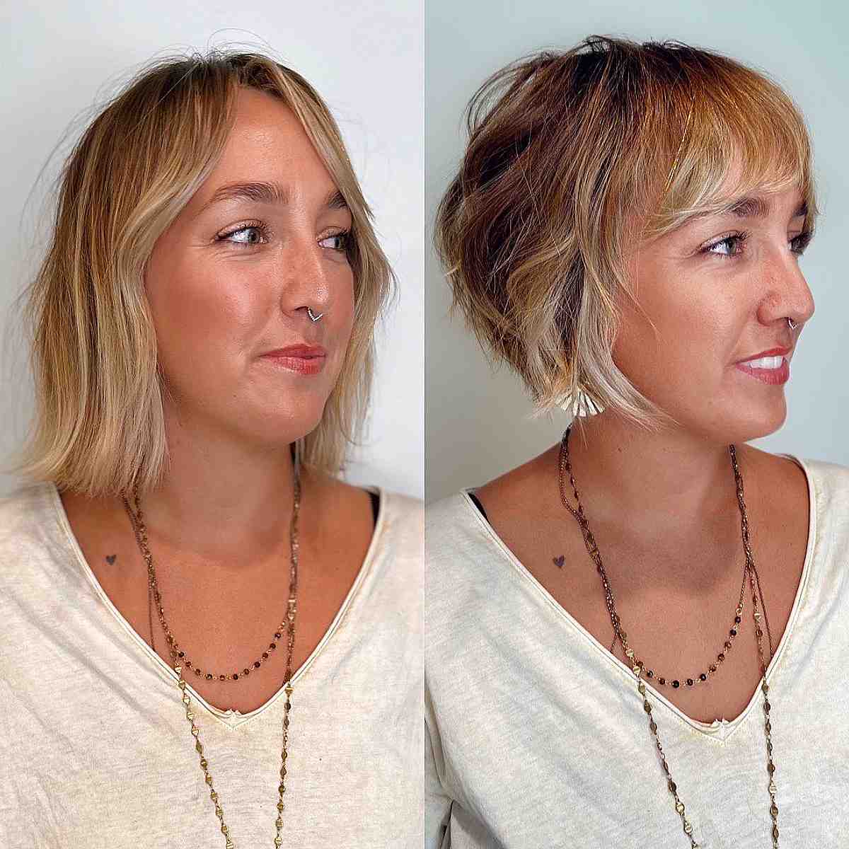 textured mini stacked bob with feathered bangs