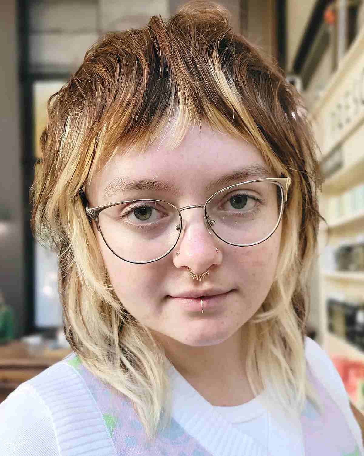 two toned short wolf hair with choppy bangs