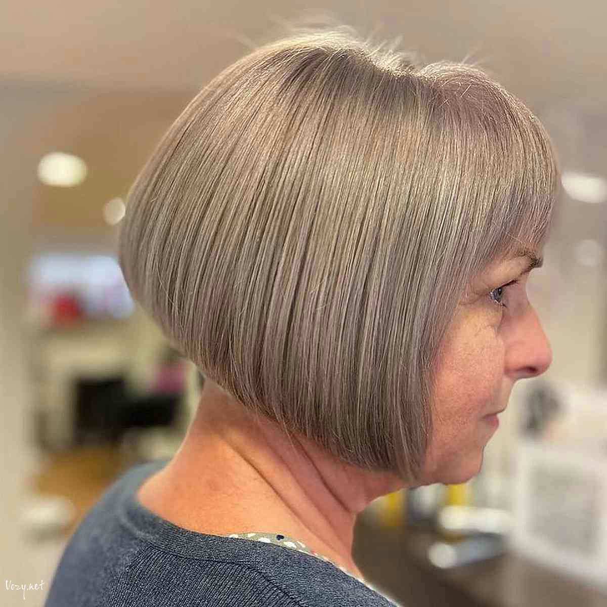 wash and wear grey bob with bangs for ladies 50 and up