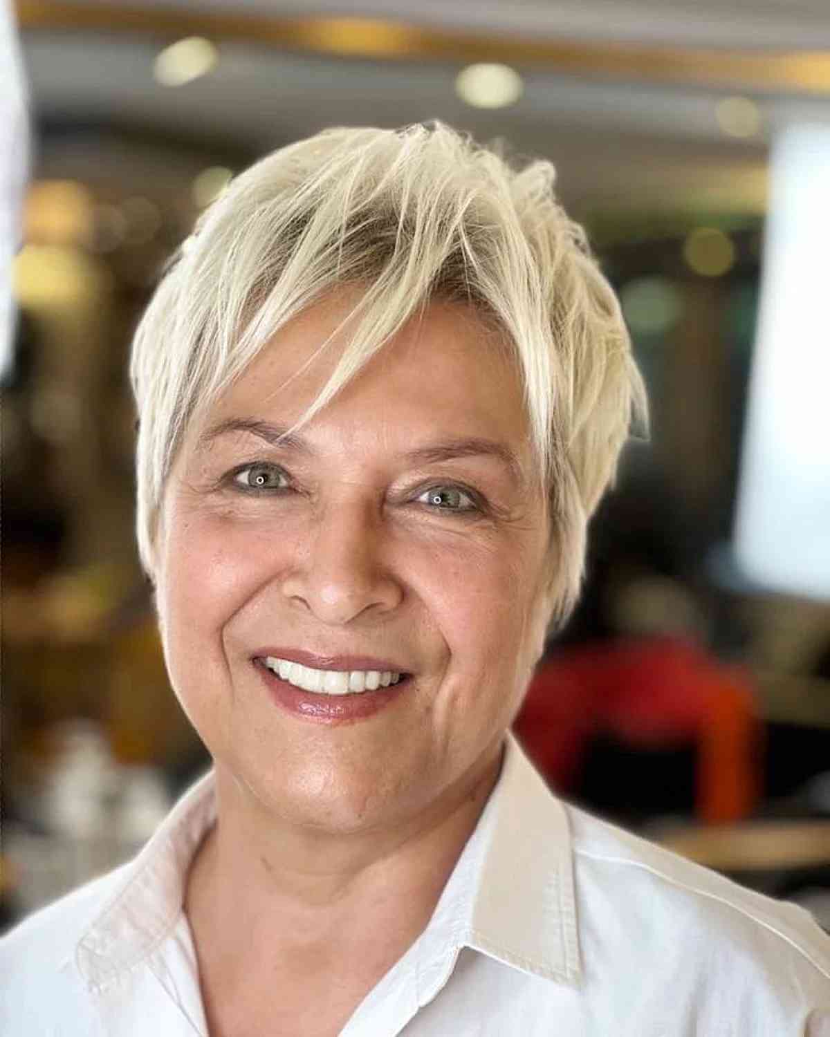 wash and wear light blonde long pixie for 50 year olds