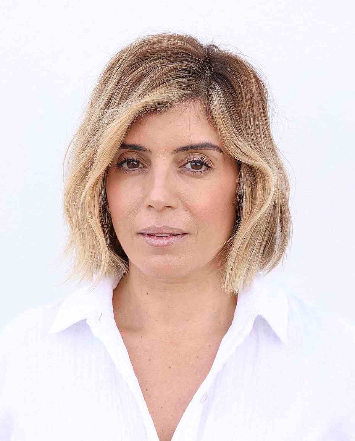 wash and wear side parted blunt cut for women over 40