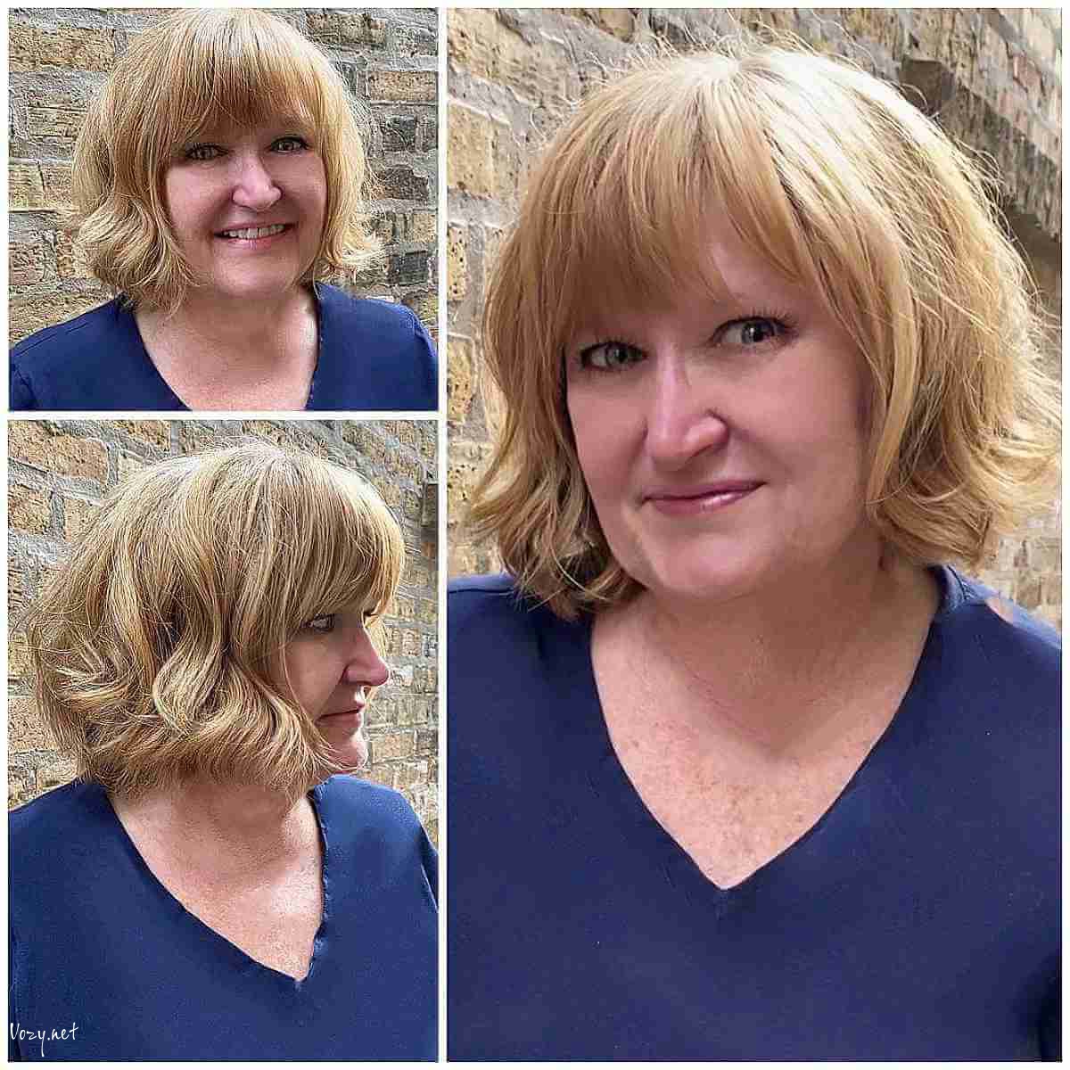 wavy blonde bob with brown length bangs for 50 year olds