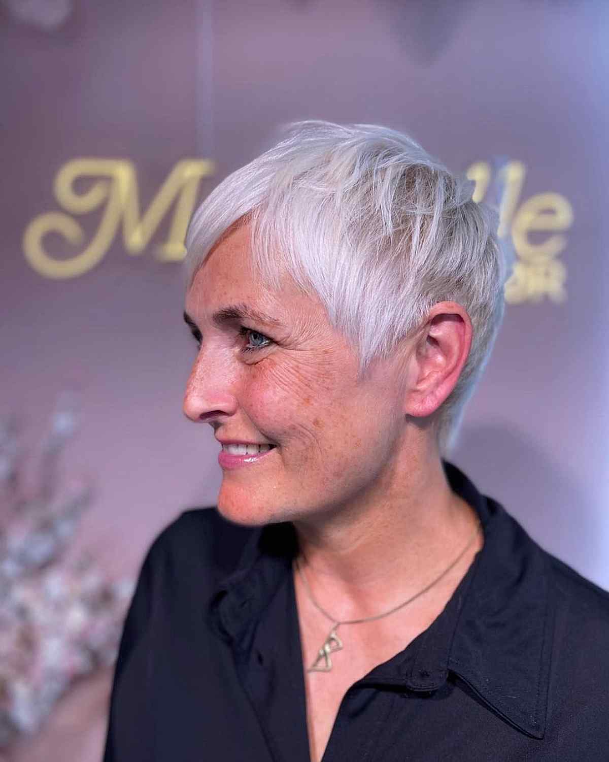 white blonde pixie with layers for women over 50 with thin hair