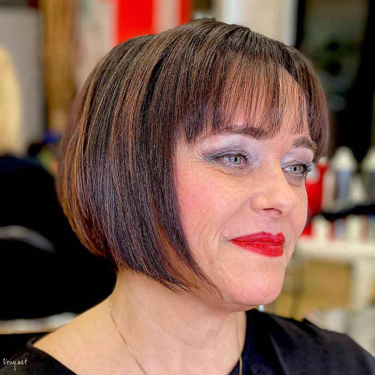 wispy fringe on a short bob for a lady over 50