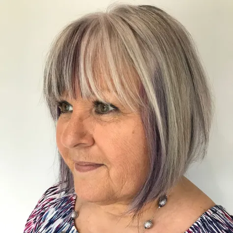 Natural Gray Angled Bob with Purple Lowlights