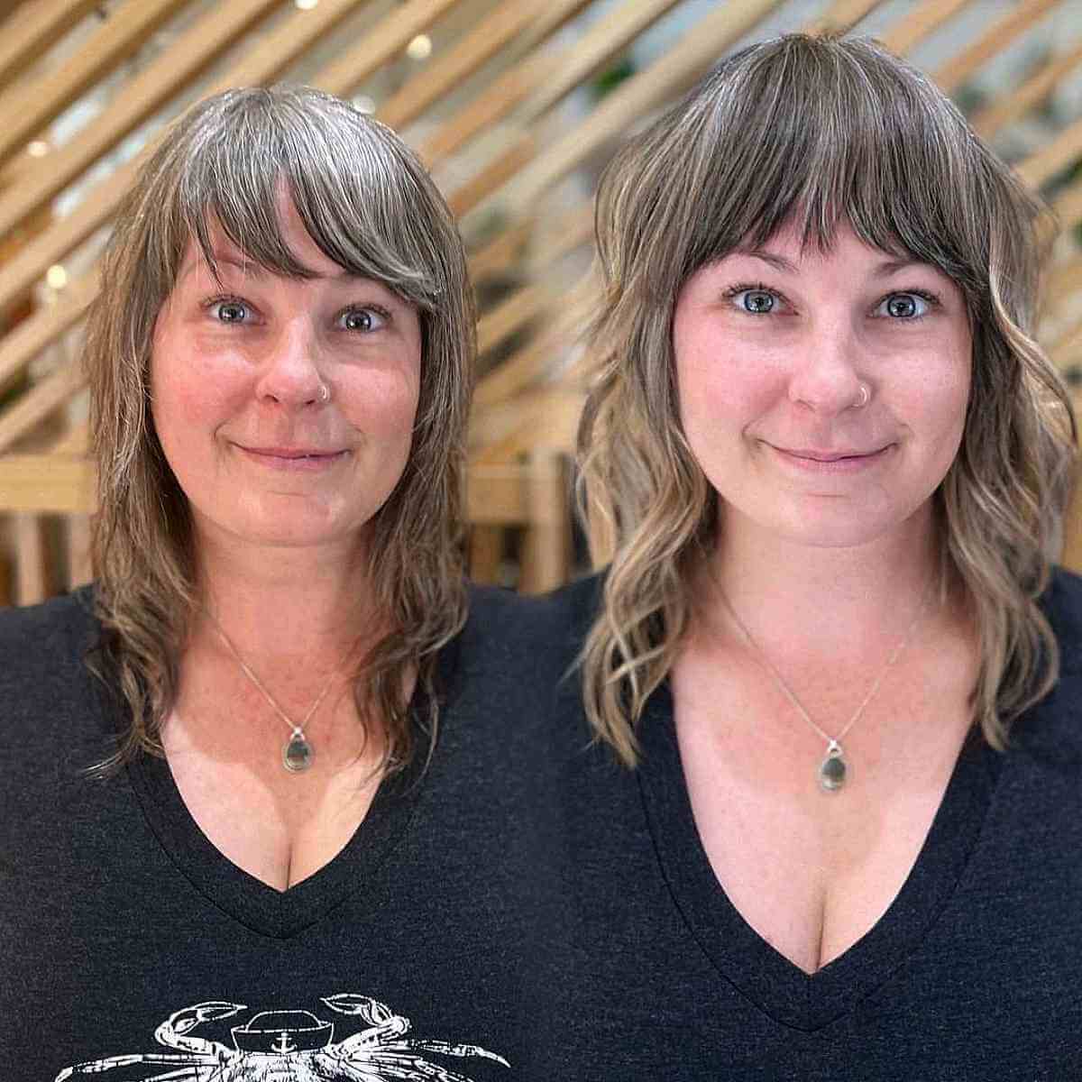 blonde balayage with full bangs for 40 year olds with mid length hair