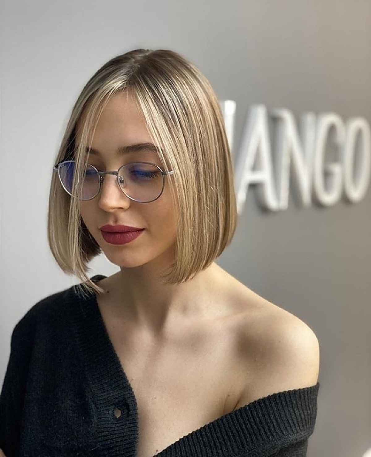 blonde bob hairstyle for women with glasses over 30