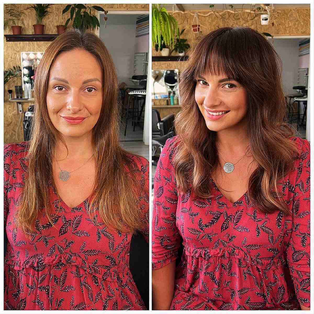 brunette shag with thin fringe for large foreheads