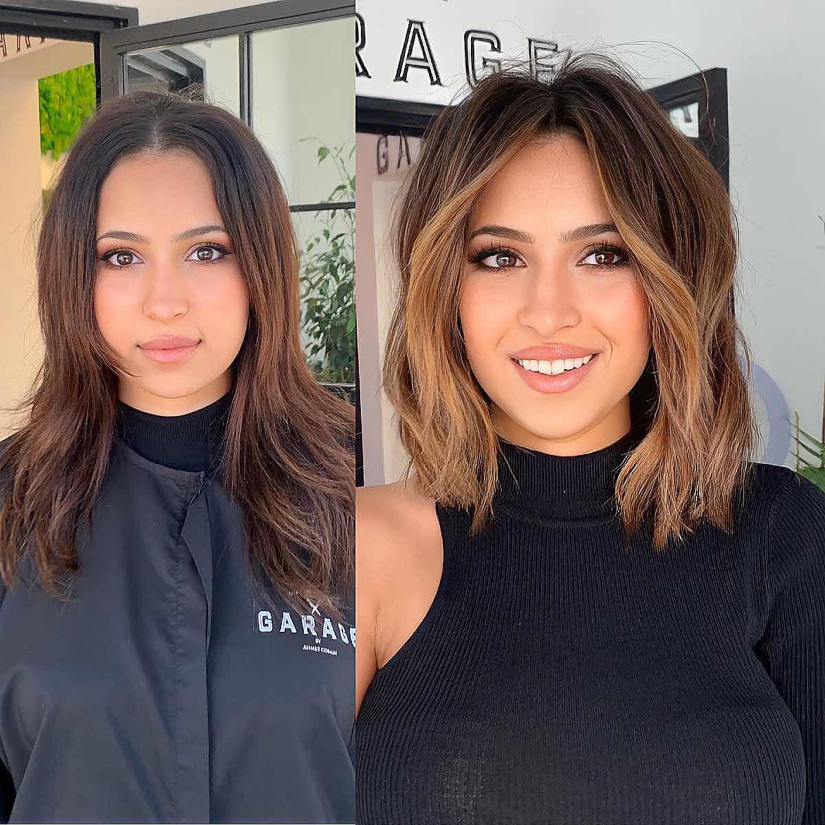 choppy lob with grown out bangs for a heart faced woman