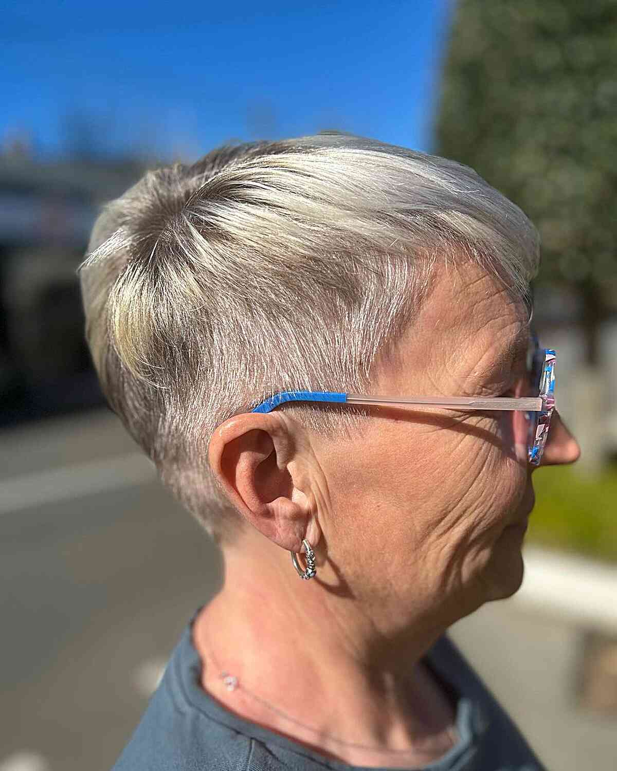 gray pixie undercut for fine haired ladies aged 60 wearing specs
