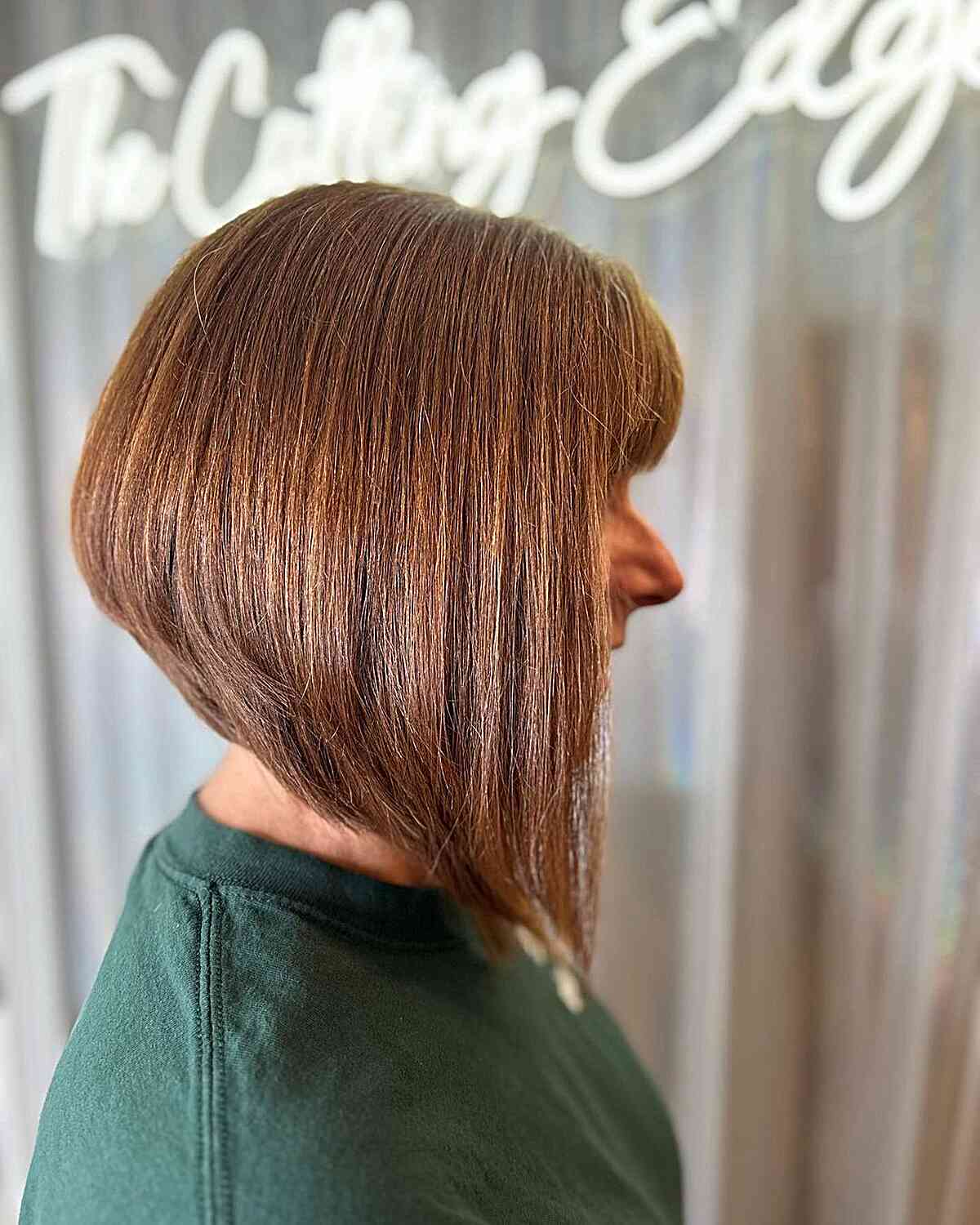 long stacked bob with bangs