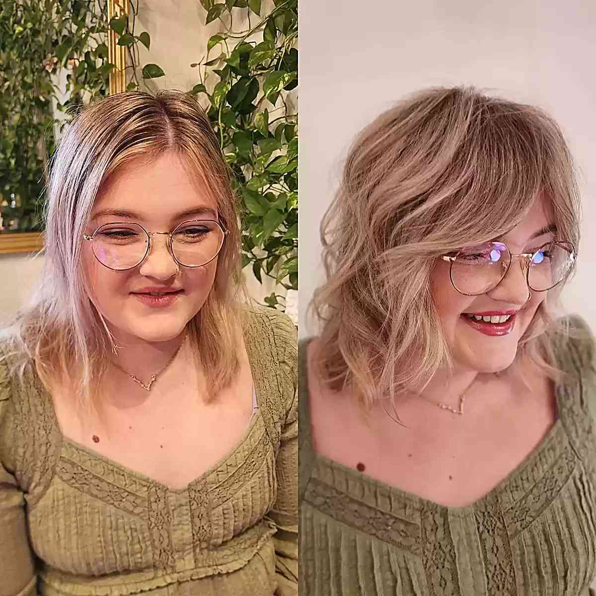 long wavy bob with face framing bangs on full face shapes