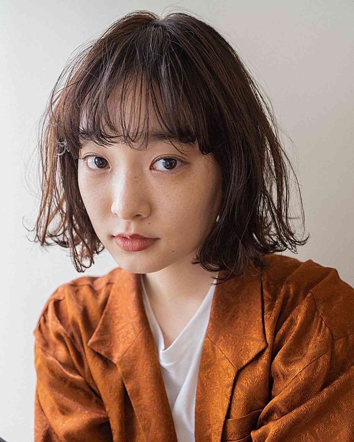 messy chin bob with see through bangs for rounded face shapes