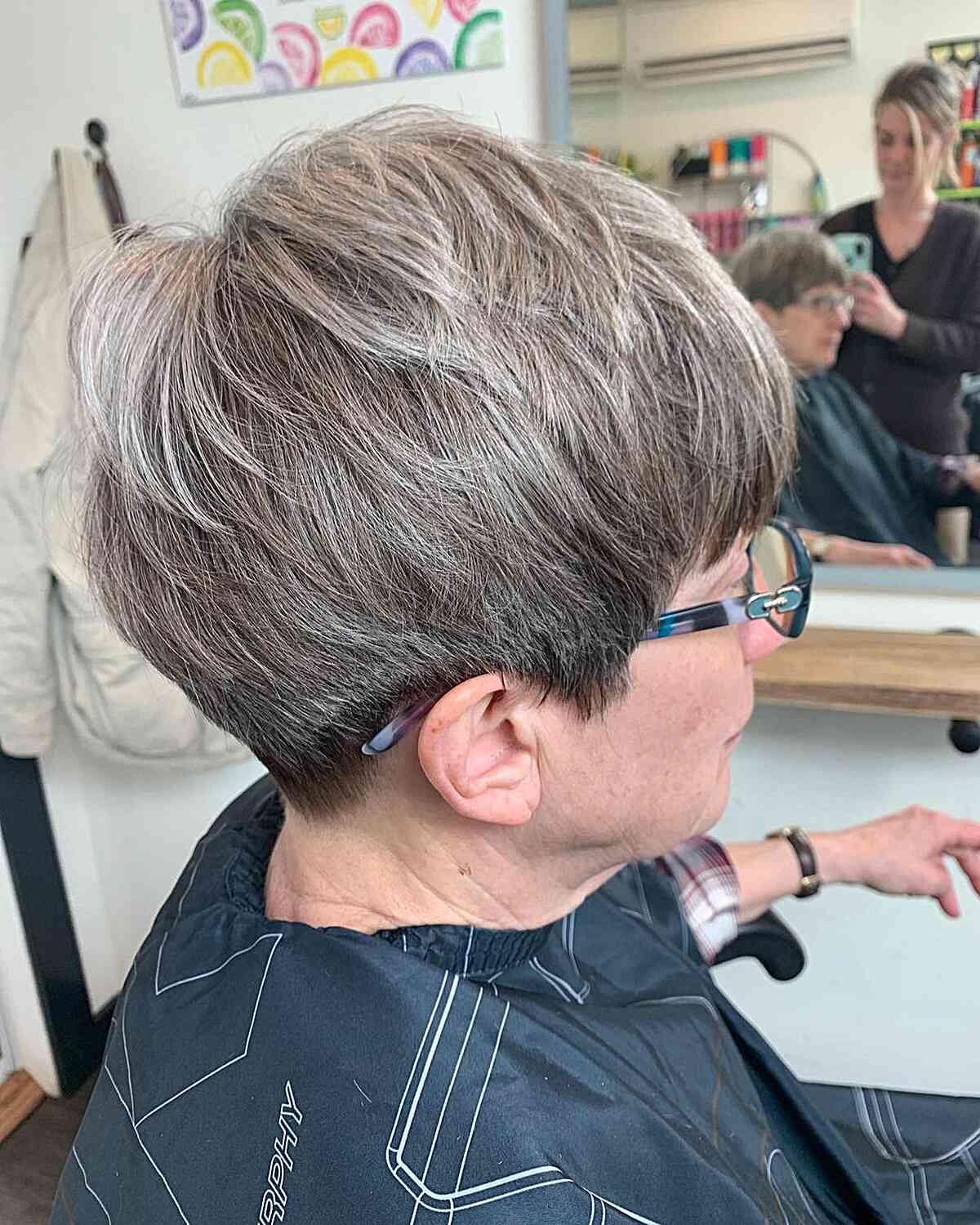mushroom pixie bob with crown layers for ladies aged 60 wearing specs