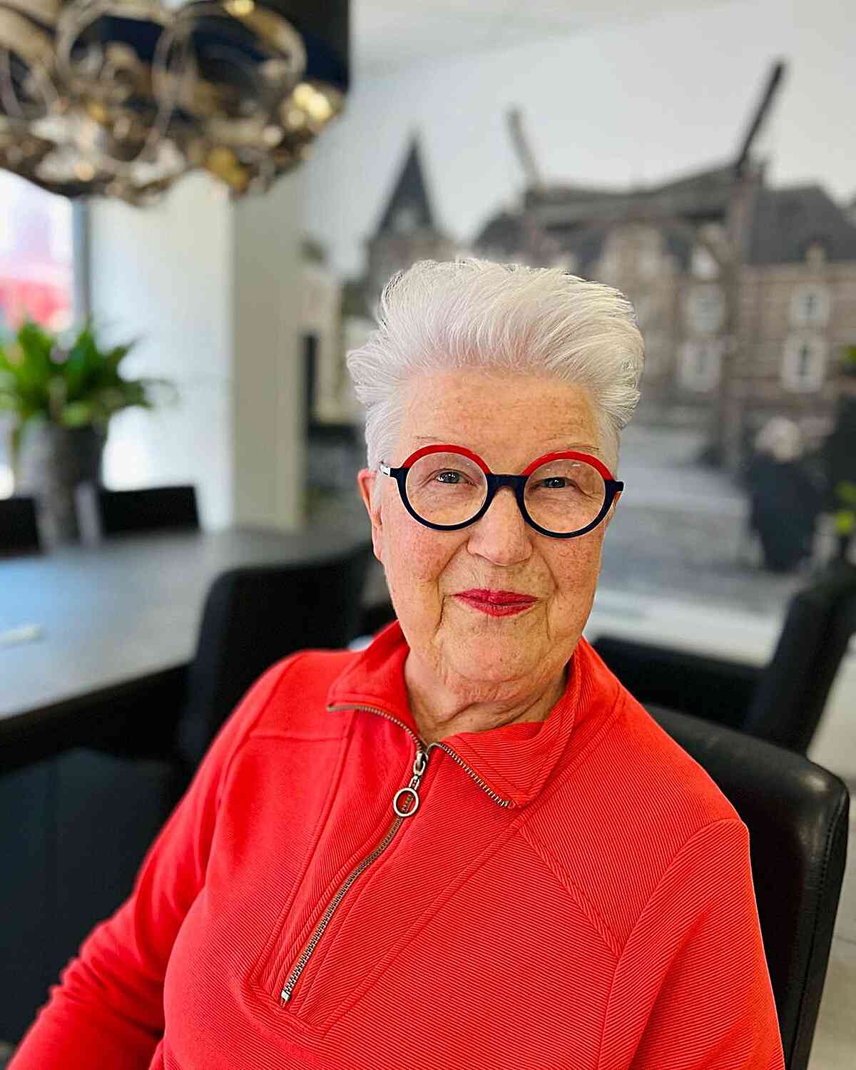 natural white pixie for a 60 year old wearing glasses