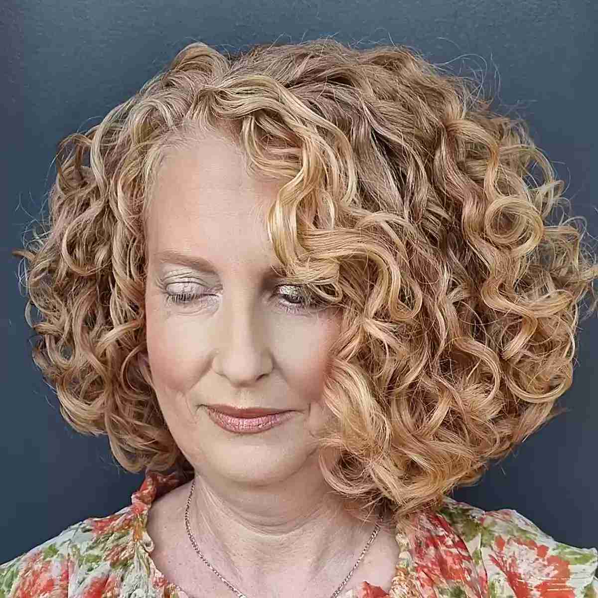 neck length side part fluffy bob for curly thick haired women over 60