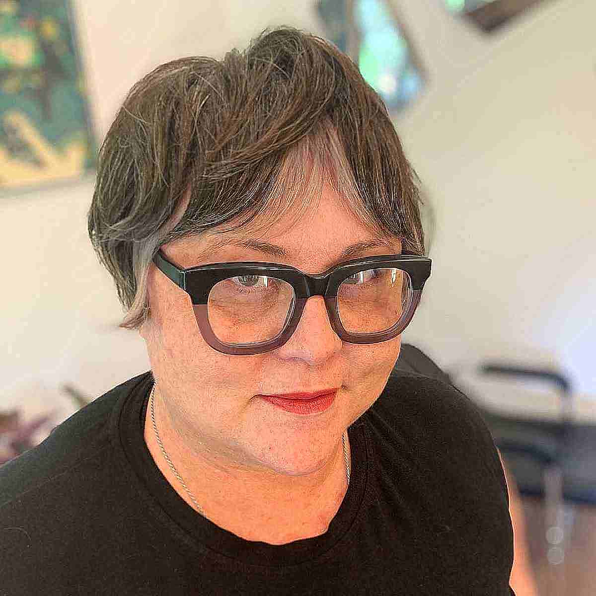 pixie shag with curtain bangs for older women with round faces
