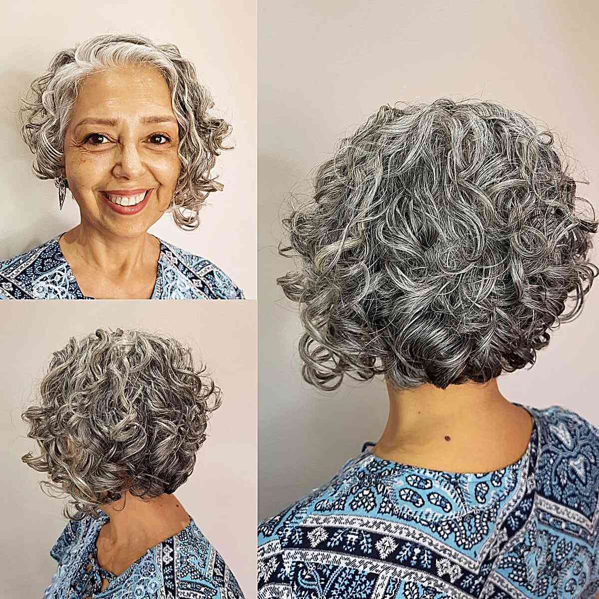 short curly hair with asymmetrical face frame for mature women over 60