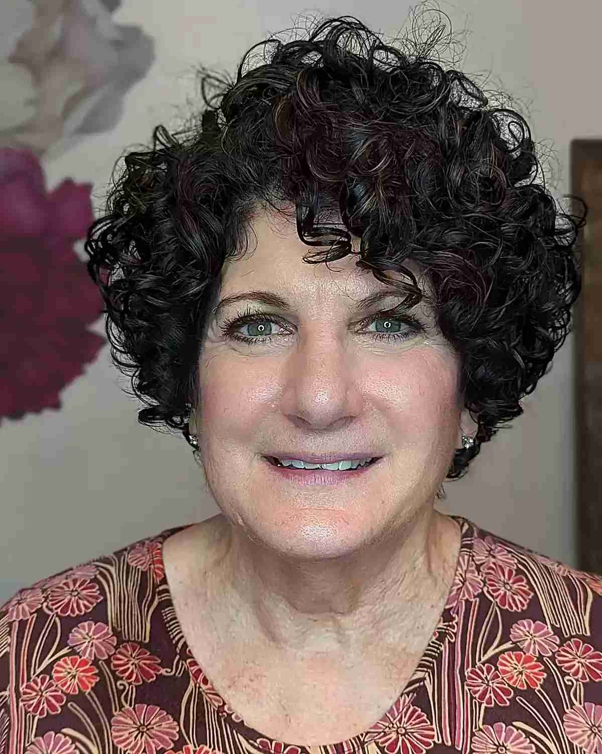 short length fluffy pixie bob for spiral curls on ladies over 60