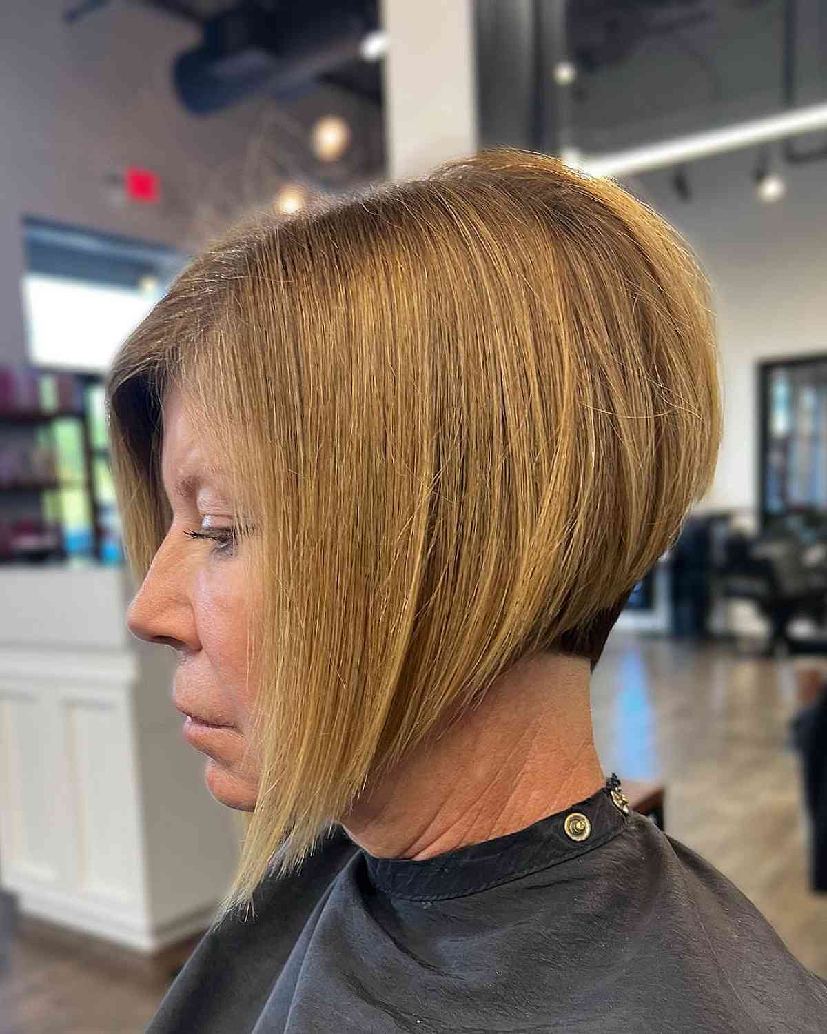 short sharply angled blonde a line bob