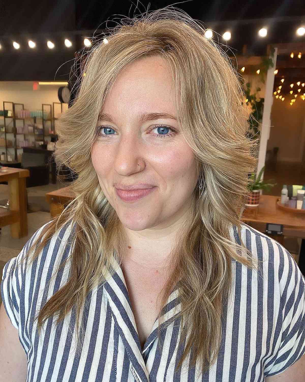 side parted shaggy hair on women in their forties