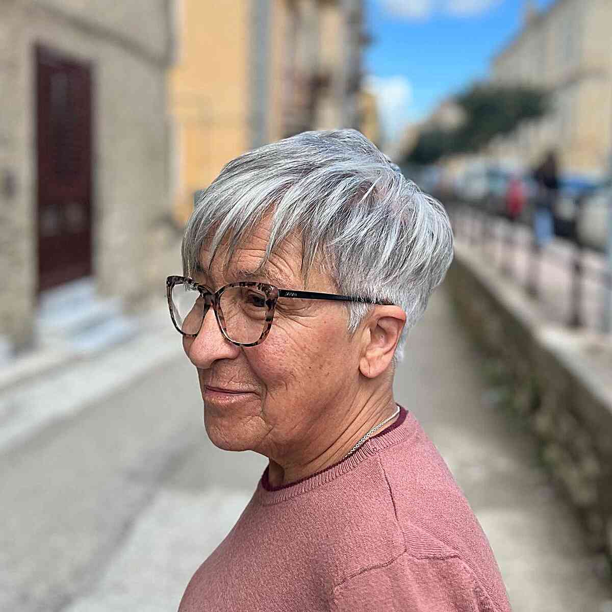 silver choppy pixie with fringe for senior ladies over 60 with eyeglasses