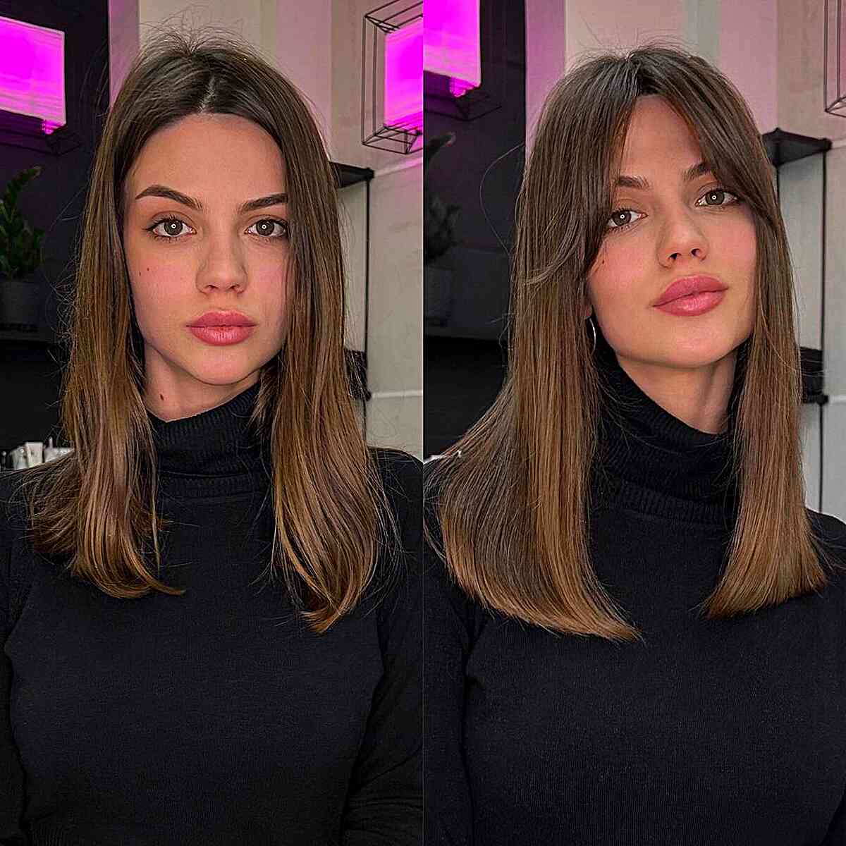 simple mid length haircut with curtain fringe