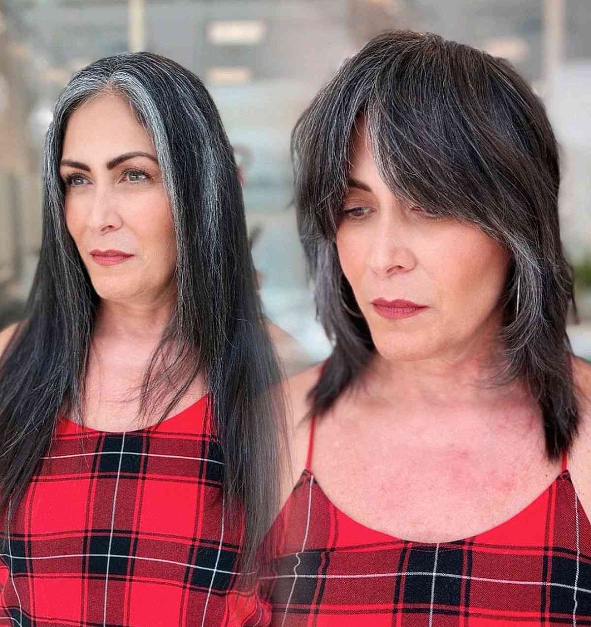 straight modern shag with bardot bangs for 40 year old women