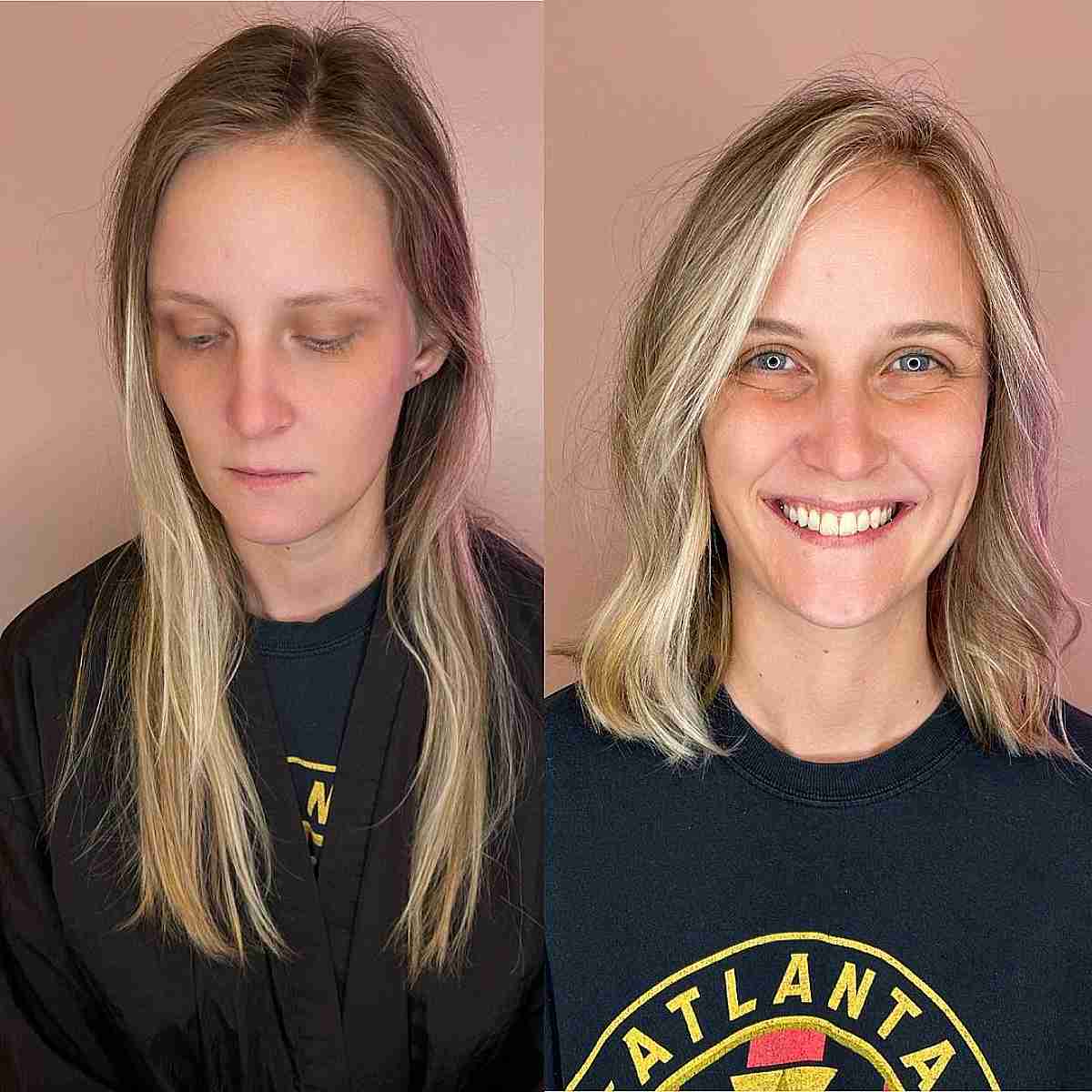 thinning side part shoulder length cut with balayage