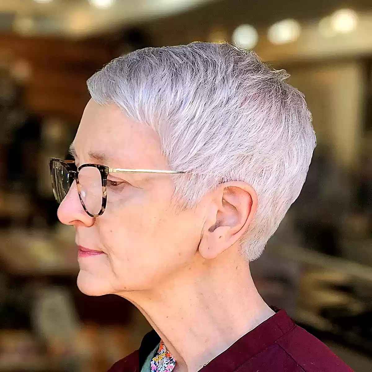 very short wash and wear gray pixie for senior ladies with eyeglasses
