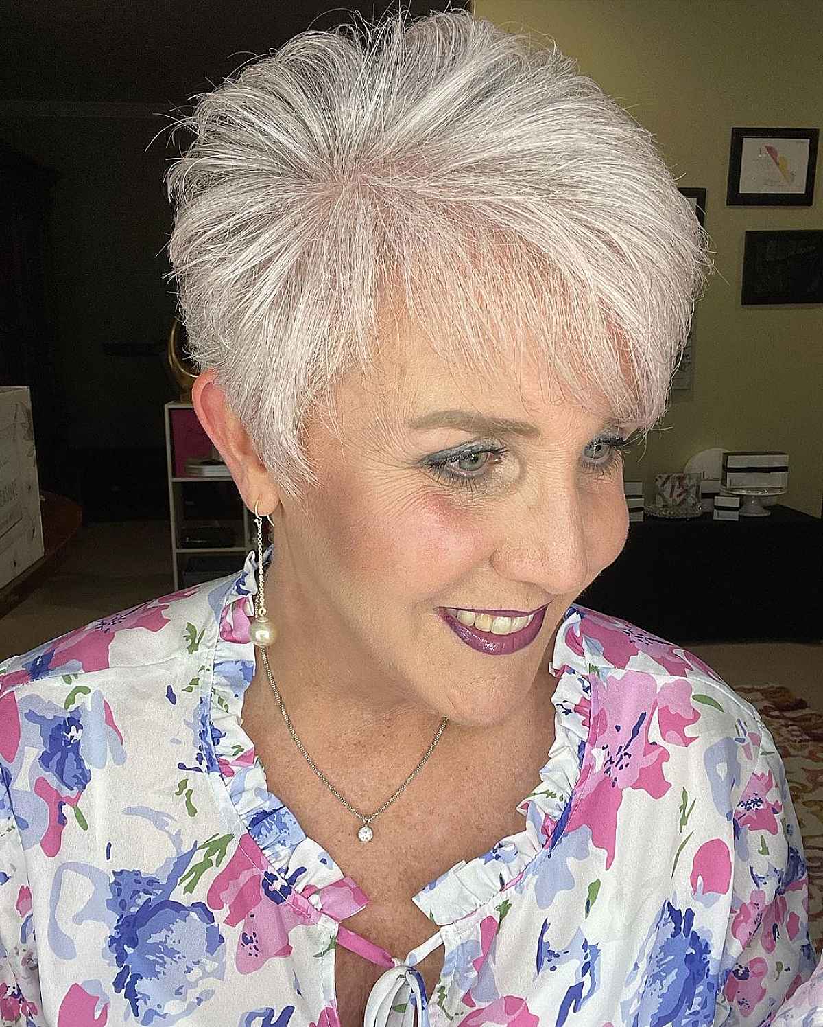 voluminous pixie style for women aged 60 with white hair