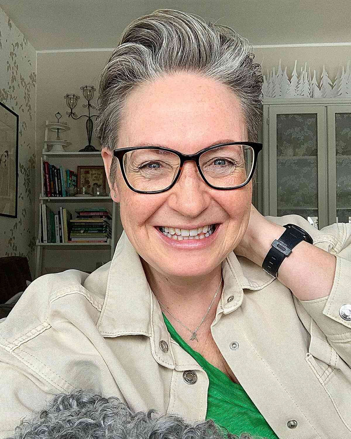 voluminous quiff style for short pixie for ladies over 60 wearing glasses