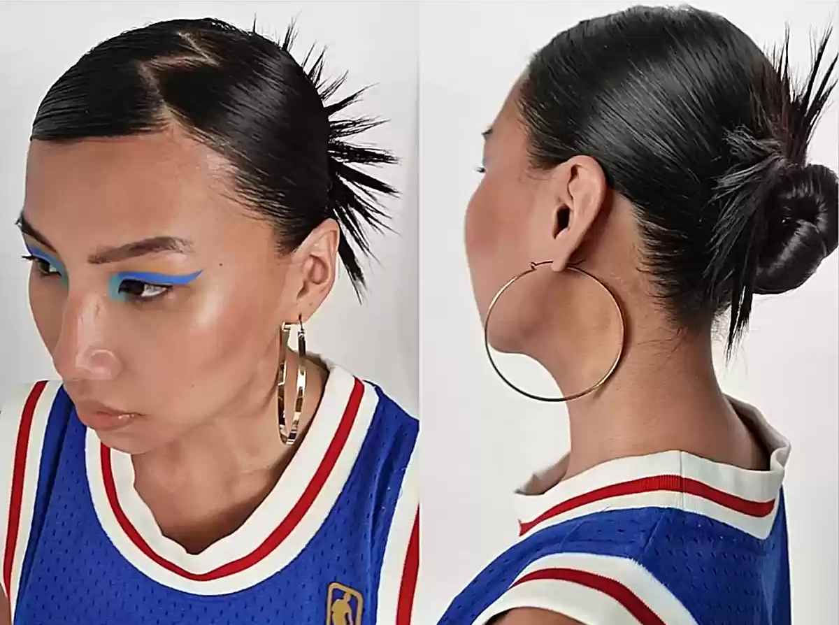 2000 inspired sleek low spiky bun with zigzag part